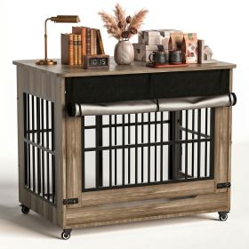 42" Large Dog Crate Furniture, Double Door Wooden Indoor Dog Kennel Furniture (Coloe: GREIGE)